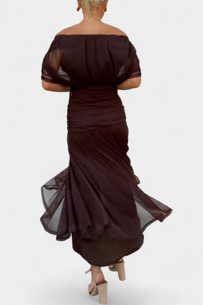 Eryzziah Elegant Off Shoulder Dress With Fantasy Floral Print Pleated Detail by Selouva