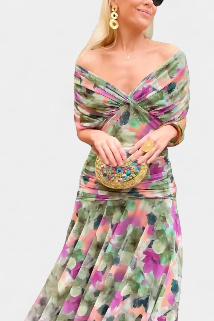 Eryzziah Elegant Off Shoulder Dress With Fantasy Floral Print Pleated Detail by Selouva