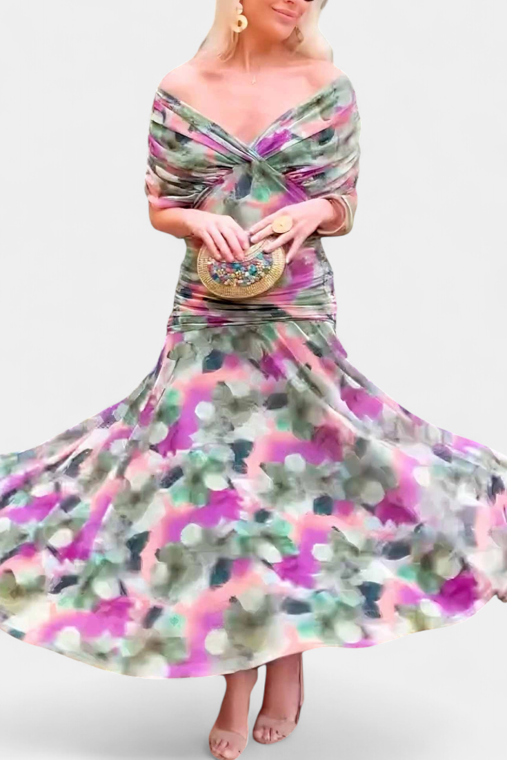Eryzziah Elegant Off Shoulder Dress With Fantasy Floral Print Pleated Detail by Selouva