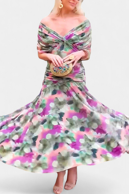 Eryzziah Elegant Off Shoulder Dress With Fantasy Floral Print Pleated Detail by Selouva