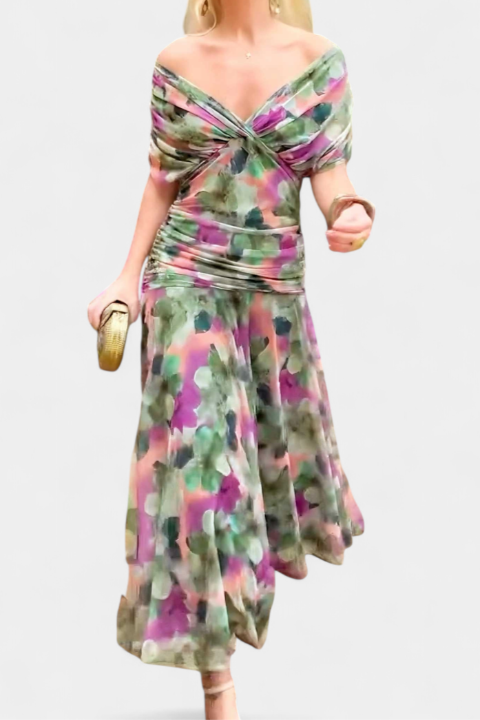 Eryzziah Elegant Off Shoulder Dress With Fantasy Floral Print Pleated Detail by Selouva