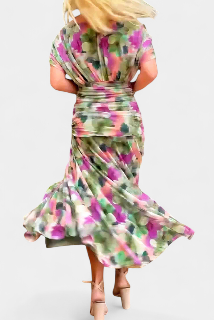 Eryzziah Elegant Off Shoulder Dress With Fantasy Floral Print Pleated Detail by Selouva