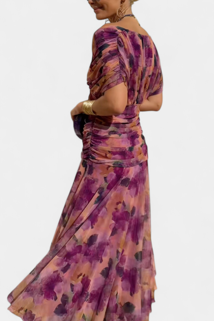 Eryzziah Elegant Off Shoulder Dress With Fantasy Floral Print Pleated Detail by Selouva