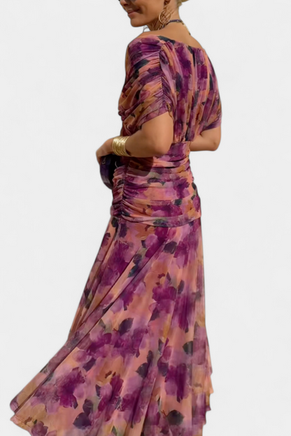 Eryzziah Elegant Off Shoulder Dress With Fantasy Floral Print Pleated Detail by Selouva