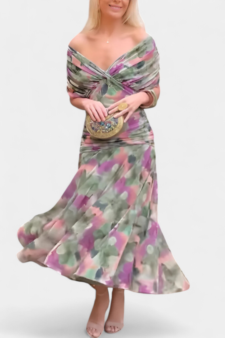 Eryzziah Elegant Off Shoulder Dress With Fantasy Floral Print Pleated Detail by Selouva