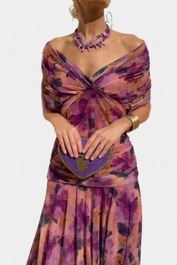 Eryzziah Elegant Off Shoulder Dress With Fantasy Floral Print Pleated Detail by Selouva