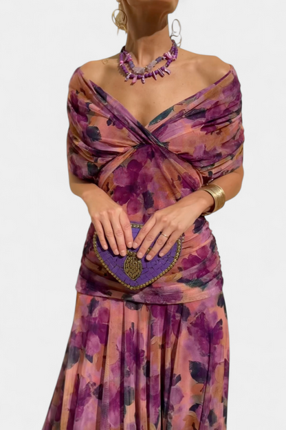 Eryzziah Elegant Off Shoulder Dress With Fantasy Floral Print Pleated Detail by Selouva
