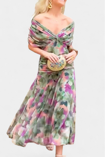 Eryzziah Elegant Off Shoulder Dress With Fantasy Floral Print Pleated Detail by Selouva