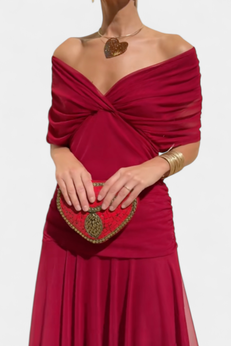 Eryzziah Elegant Off Shoulder Dress With Fantasy Floral Print Pleated Detail by Selouva