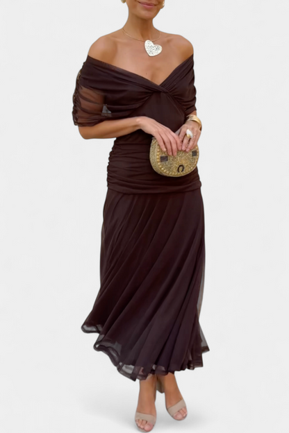 Eryzziah Elegant Off Shoulder Dress With Fantasy Floral Print Pleated Detail by Selouva