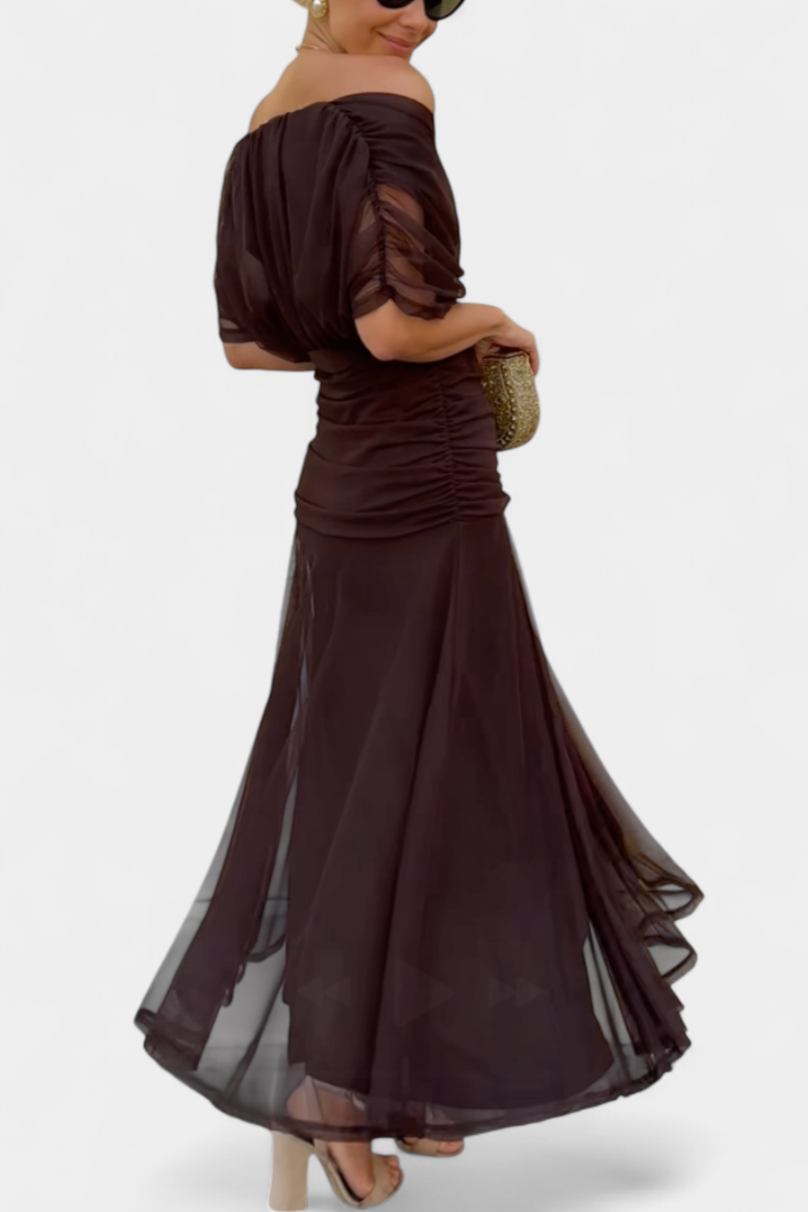Eryzziah Elegant Off Shoulder Dress With Fantasy Floral Print Pleated Detail by Selouva
