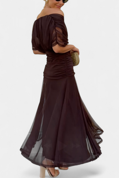 Eryzziah Elegant Off Shoulder Dress With Fantasy Floral Print Pleated Detail by Selouva