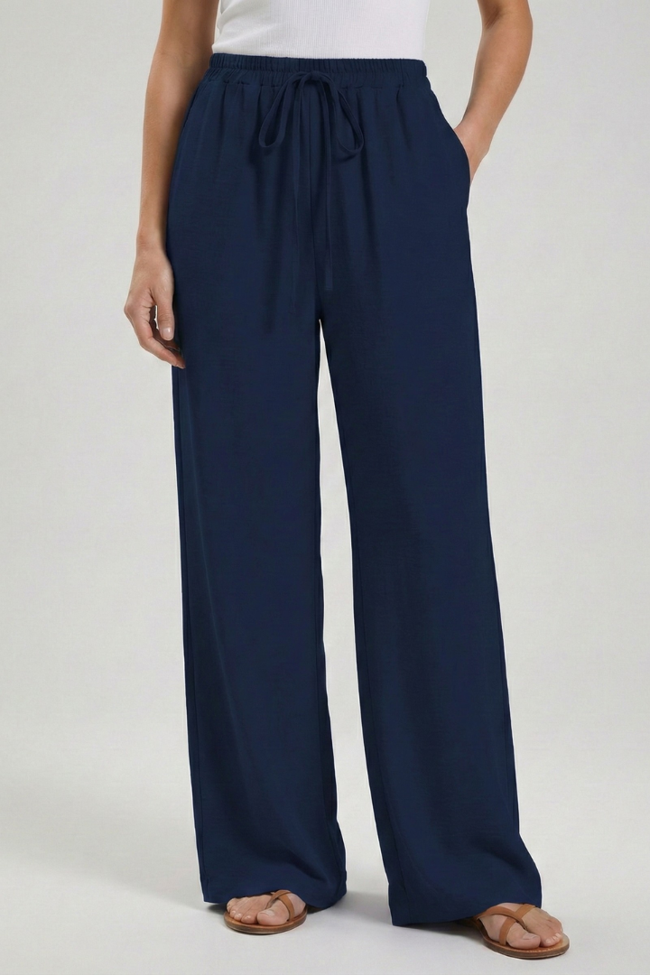 Claire Womens Blue Palazzo Pants With Drawstring Waist And Pockets by Selouva