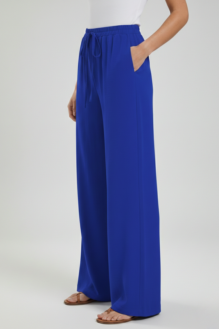 Claire Womens Blue Palazzo Pants With Drawstring Waist And Pockets by Selouva