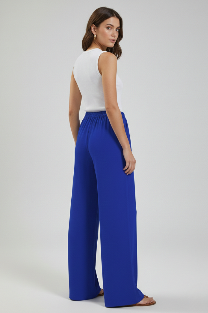 Claire Womens Blue Palazzo Pants With Drawstring Waist And Pockets by Selouva