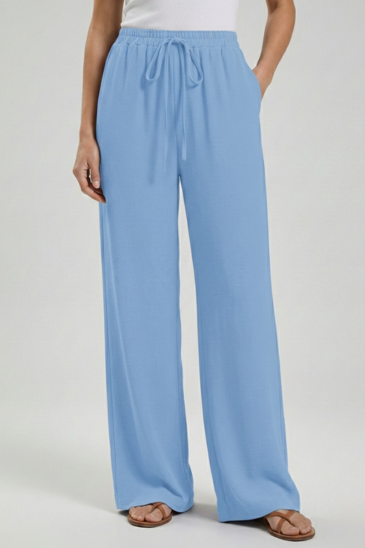 Claire Womens Blue Palazzo Pants With Drawstring Waist And Pockets by Selouva