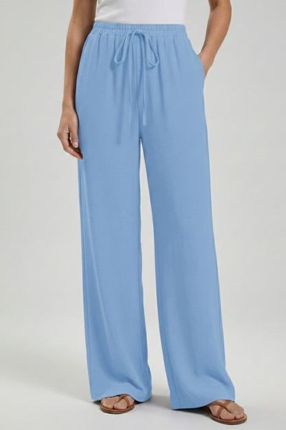 Claire Womens Blue Palazzo Pants With Drawstring Waist And Pockets by Selouva