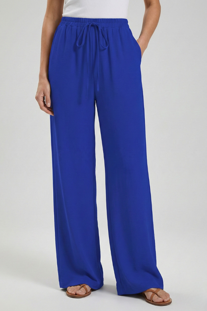 Claire Womens Blue Palazzo Pants With Drawstring Waist And Pockets by Selouva