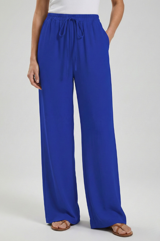 Claire Womens Blue Palazzo Pants With Drawstring Waist And Pockets by Selouva