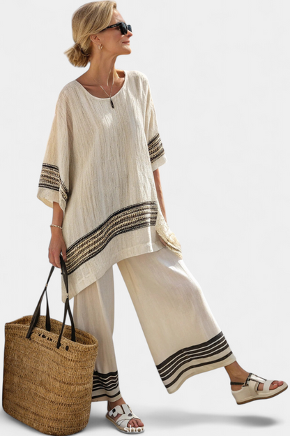 Harlowe Bamboo Linen Set With Black Striped Top And Flowing Pants by Selouva