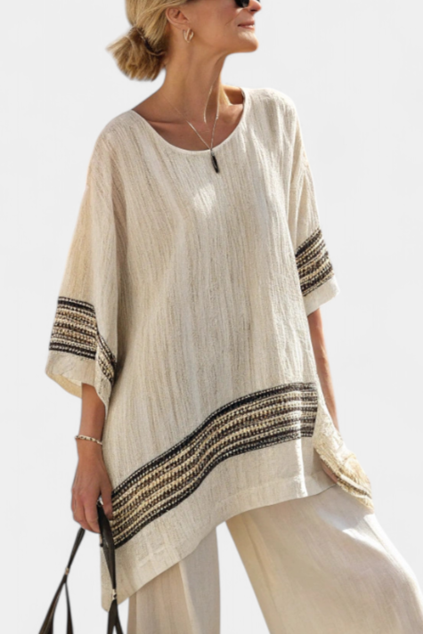 Harlowe Bamboo Linen Set With Black Striped Top And Flowing Pants by Selouva
