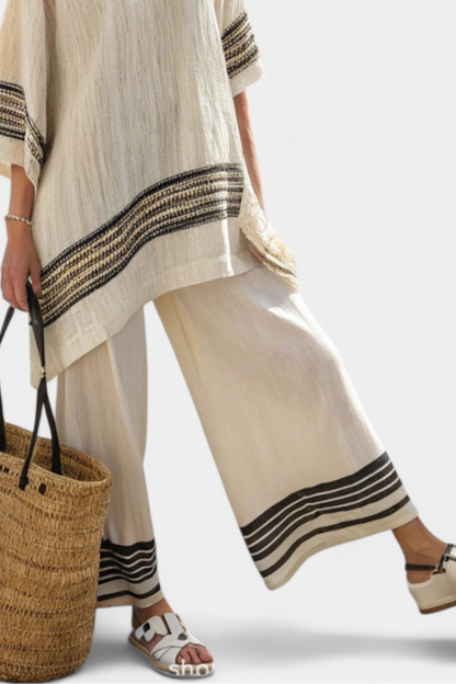 Harlowe Bamboo Linen Set With Black Striped Top And Flowing Pants by Selouva