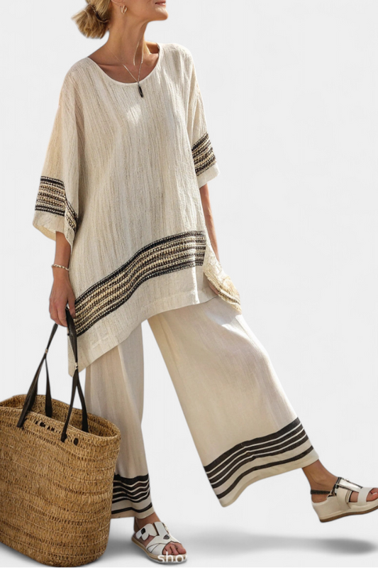 Harlowe Bamboo Linen Set With Black Striped Top And Flowing Pants by Selouva