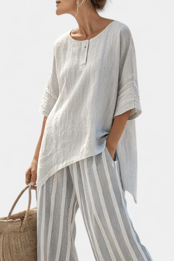 Talvora Elegant Asymmetrical Blouse And Striped Wide Leg Pants Set by Selouva