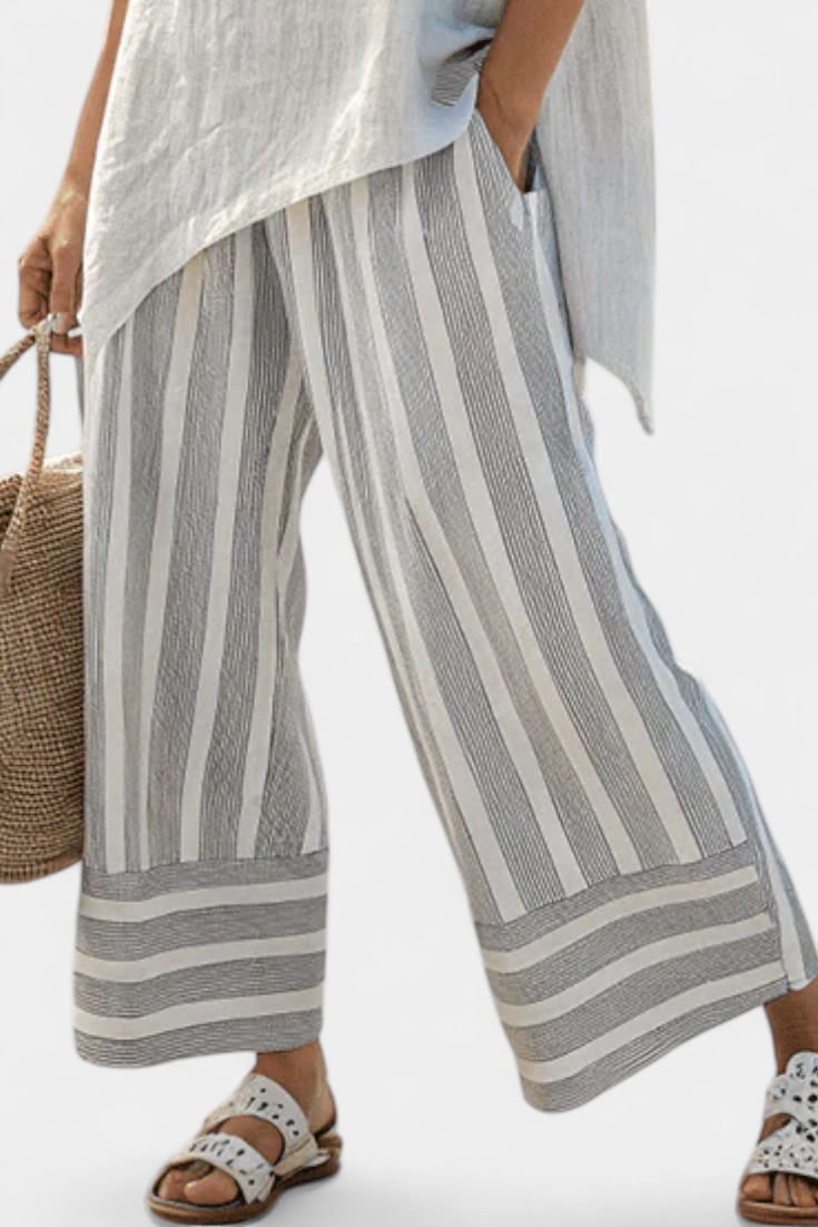 Talvora Elegant Asymmetrical Blouse And Striped Wide Leg Pants Set by Selouva