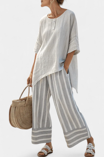 Talvora Elegant Asymmetrical Blouse And Striped Wide Leg Pants Set by Selouva