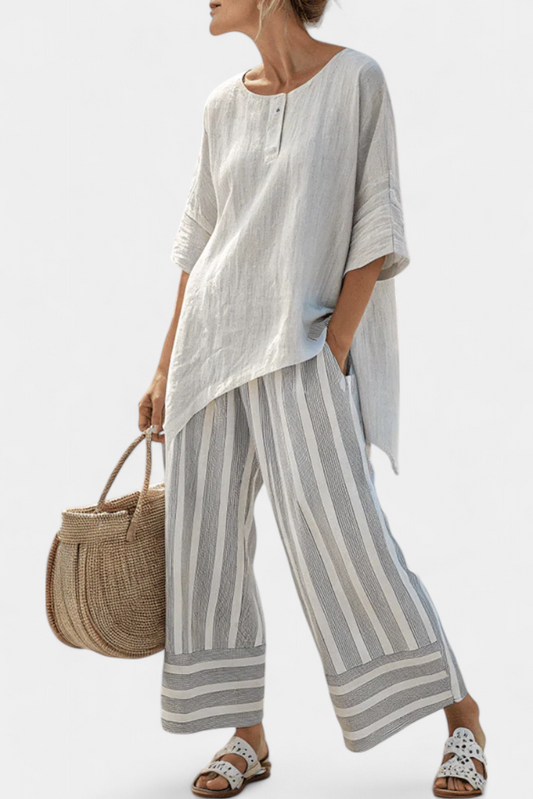 Talvora Elegant Asymmetrical Blouse And Striped Wide Leg Pants Set by Selouva