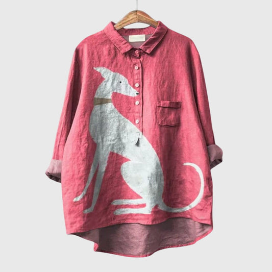 Dog Print Pink Blouse With Large White Dog Graphic Loose Fit Shirt by Selouva