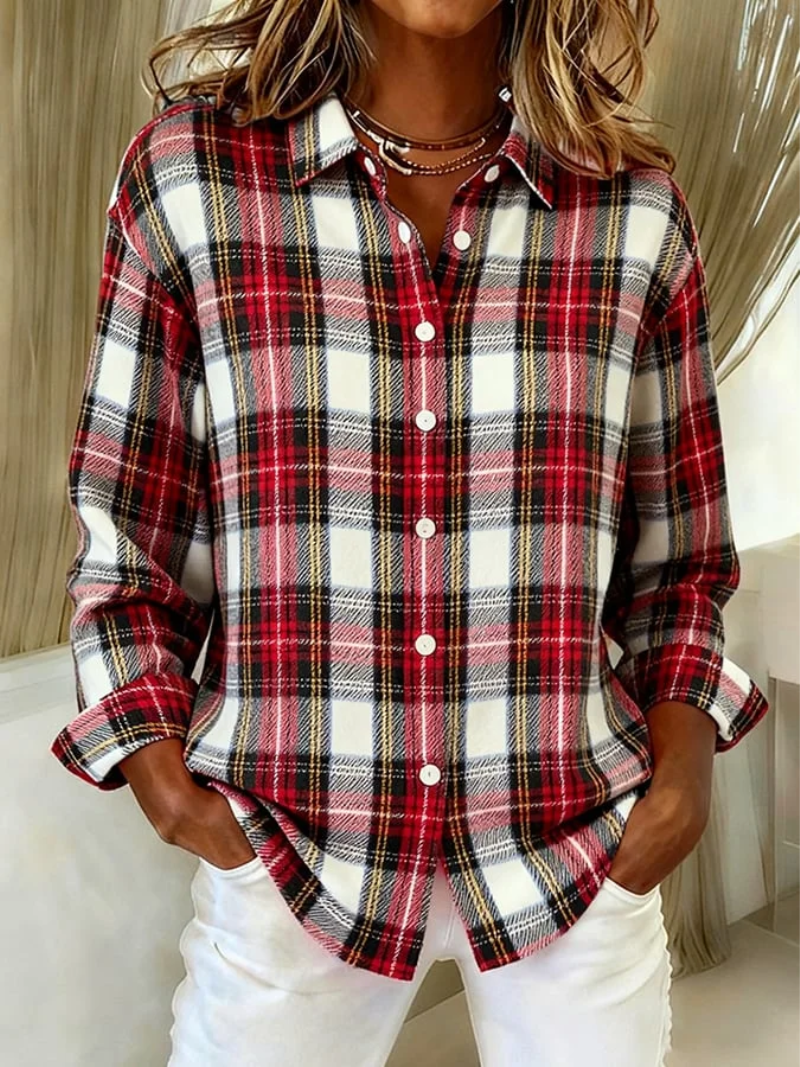 Mira Classic Red White Plaid Blouse With Button Front Collar by Selouva