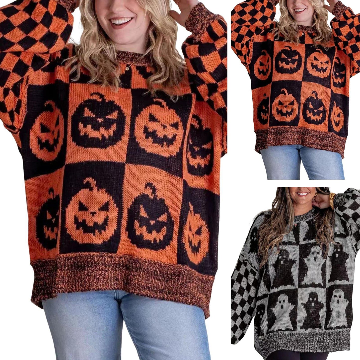 Aro Halloween Pumpkin Faces Sweater With Orange And Black Checkered Pattern by Selouva
