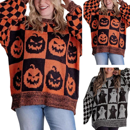 Aro Halloween Pumpkin Faces Sweater With Orange And Black Checkered Pattern by Selouva