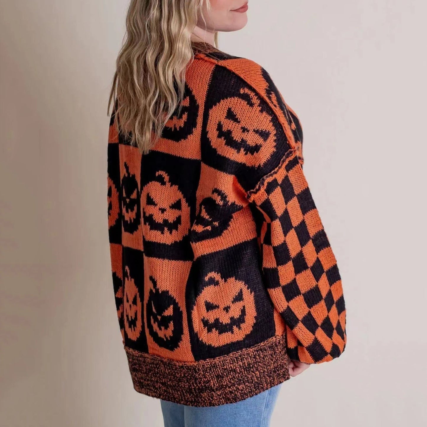 Aro Halloween Pumpkin Faces Sweater With Orange And Black Checkered Pattern by Selouva