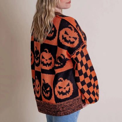 Aro Halloween Pumpkin Faces Sweater With Orange And Black Checkered Pattern by Selouva