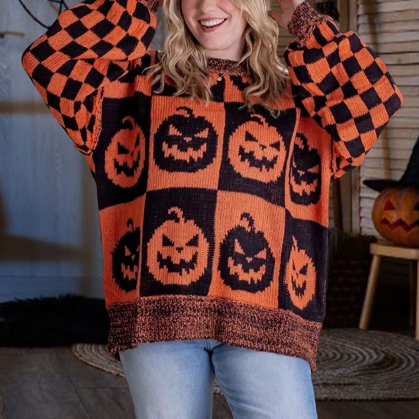 Aro Halloween Pumpkin Faces Sweater With Orange And Black Checkered Pattern by Selouva