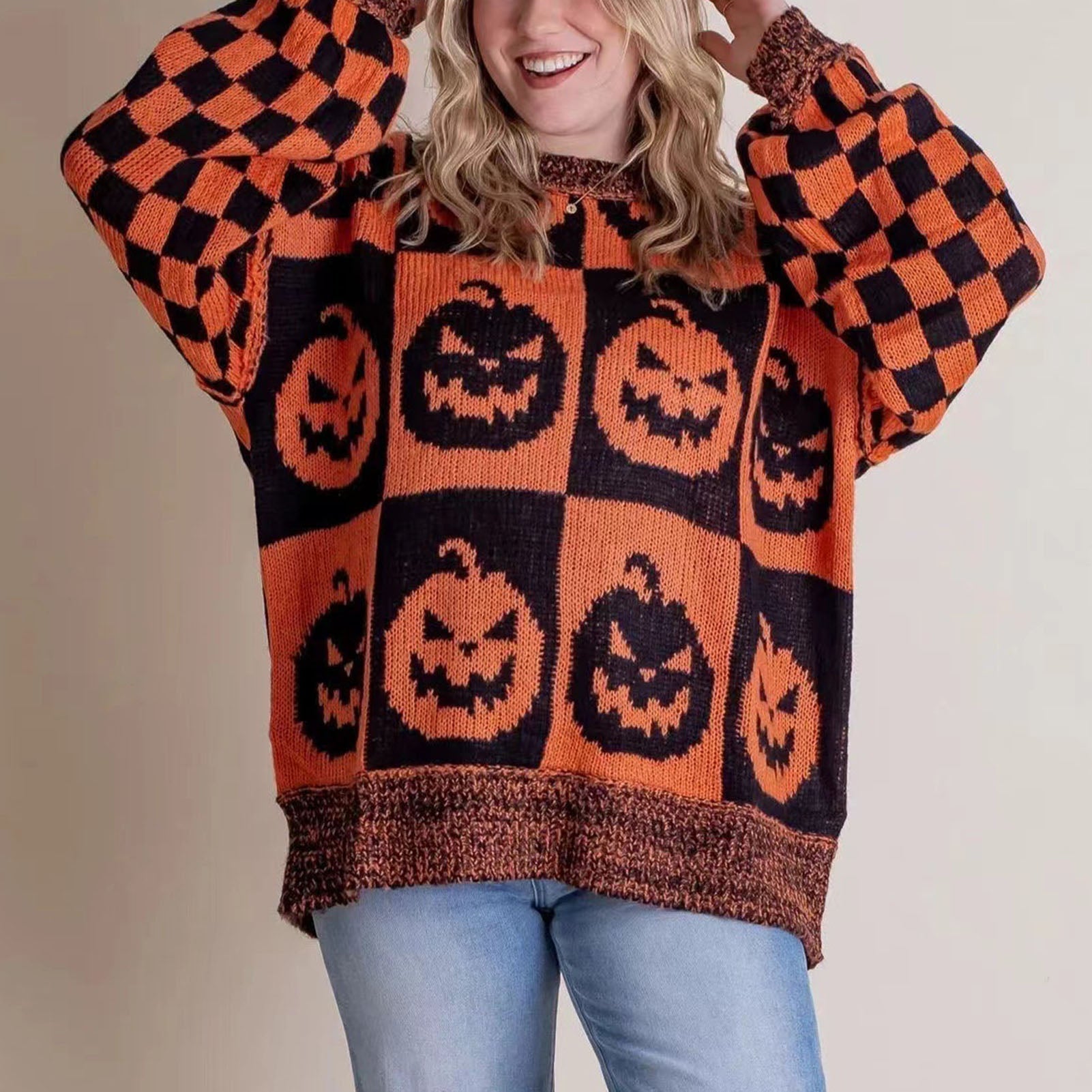 Aro Halloween Pumpkin Faces Sweater With Orange And Black Checkered Pattern by Selouva
