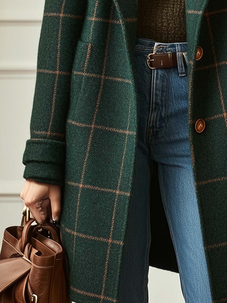 Women's Retro Lapel Plaid Tweed Coat by Selouva