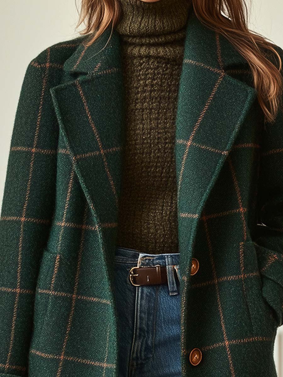 Women's Retro Lapel Plaid Tweed Coat by Selouva
