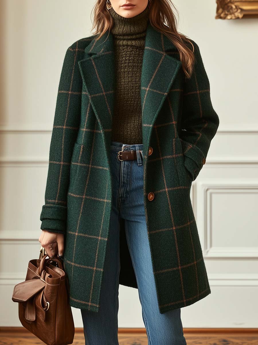 Women's Retro Lapel Plaid Tweed Coat by Selouva