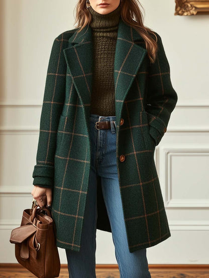 Women's Retro Lapel Plaid Tweed Coat by Selouva