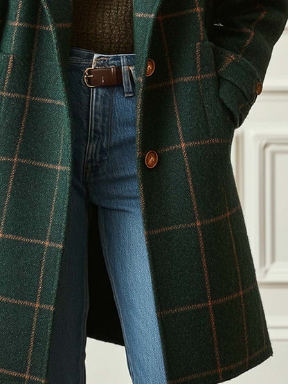 Women's Retro Lapel Plaid Tweed Coat by Selouva
