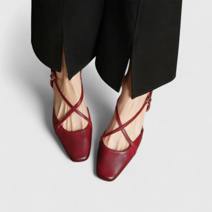 Mikaela Elegant Sandals Burgundy Square Toe Cushioned Block Heel by Selouva