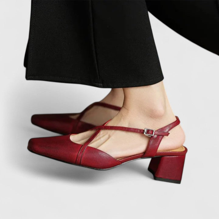 Mikaela Elegant Sandals Burgundy Square Toe Cushioned Block Heel by Selouva