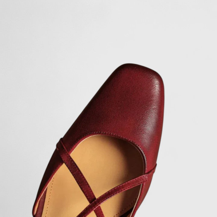 Mikaela Elegant Sandals Burgundy Square Toe Cushioned Block Heel by Selouva