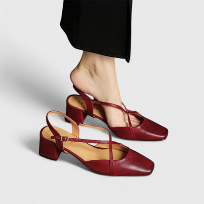 Mikaela Elegant Sandals Burgundy Square Toe Cushioned Block Heel by Selouva