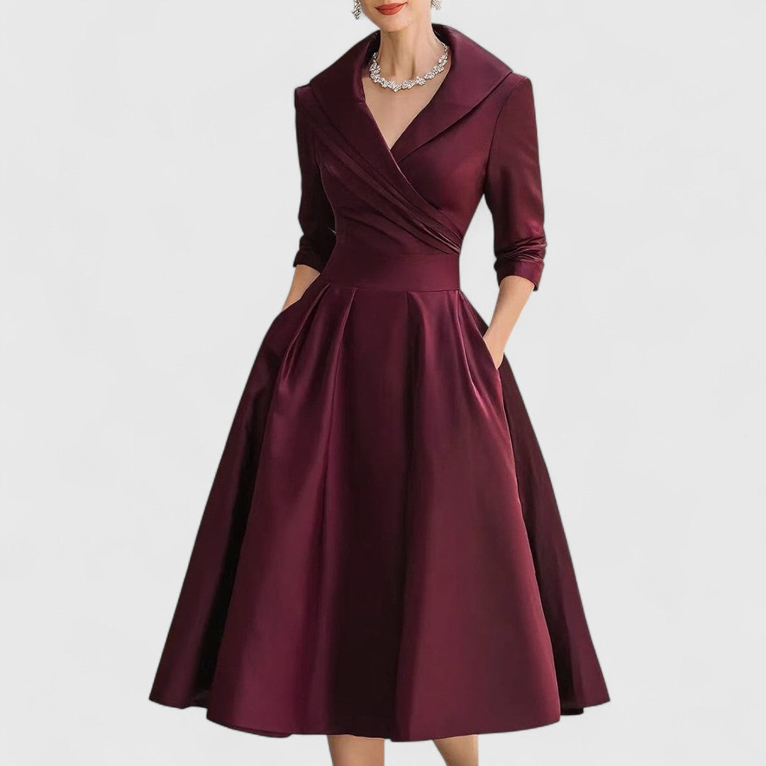 Marley Quinn Navy Satin Midi Dress With Wrap Bodice And Pockets by Selouva