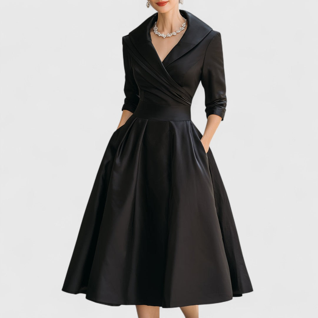 Marley Quinn Navy Satin Midi Dress With Wrap Bodice And Pockets by Selouva